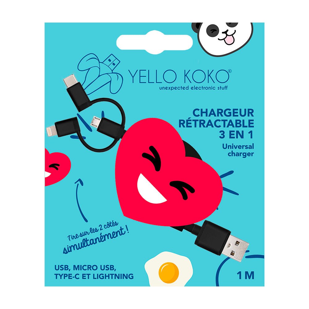 Cable 3 en 1 dérouleur Coeur - Yello Koko